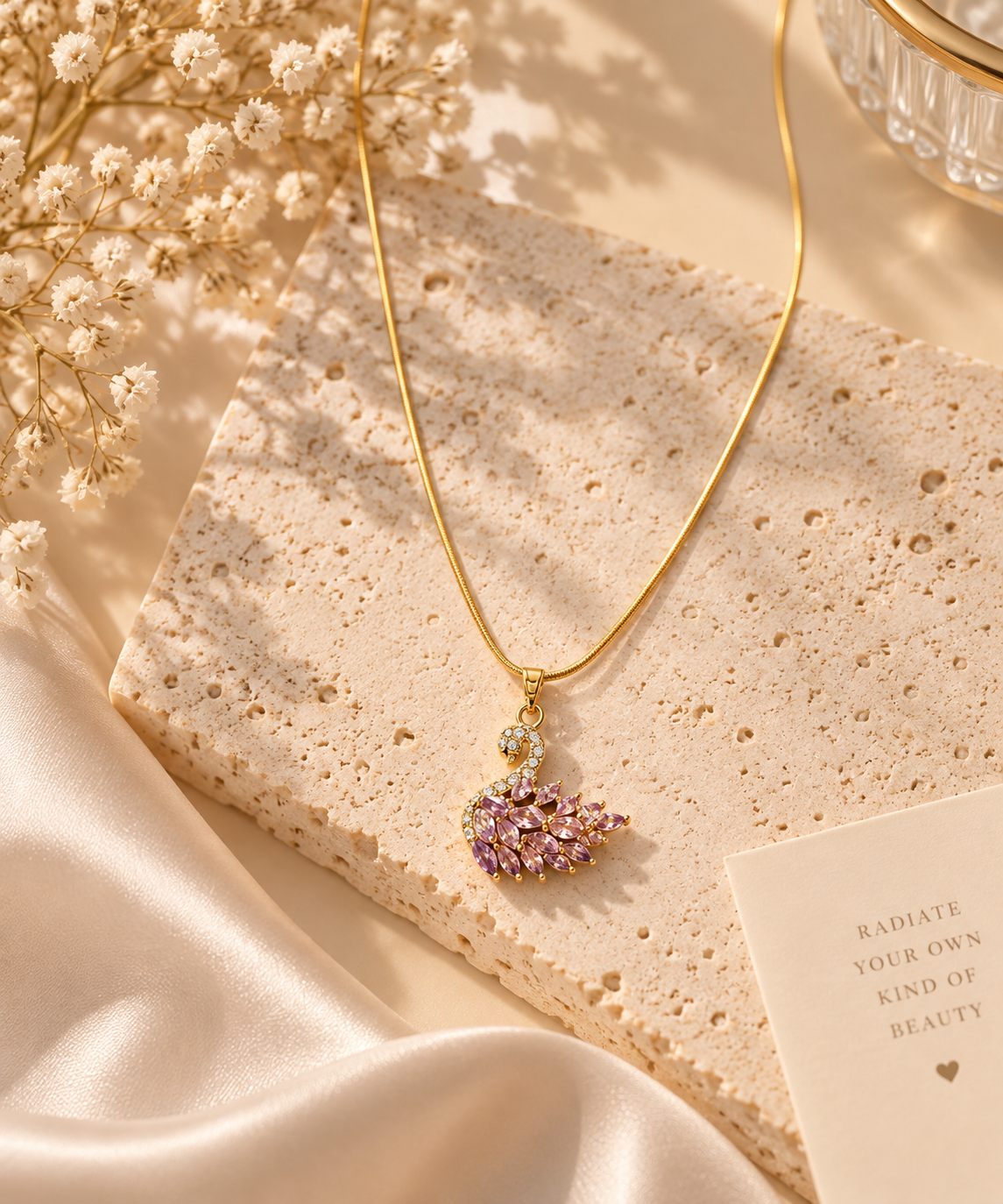Gold Necklace with Pink Crystal Swan Pendant