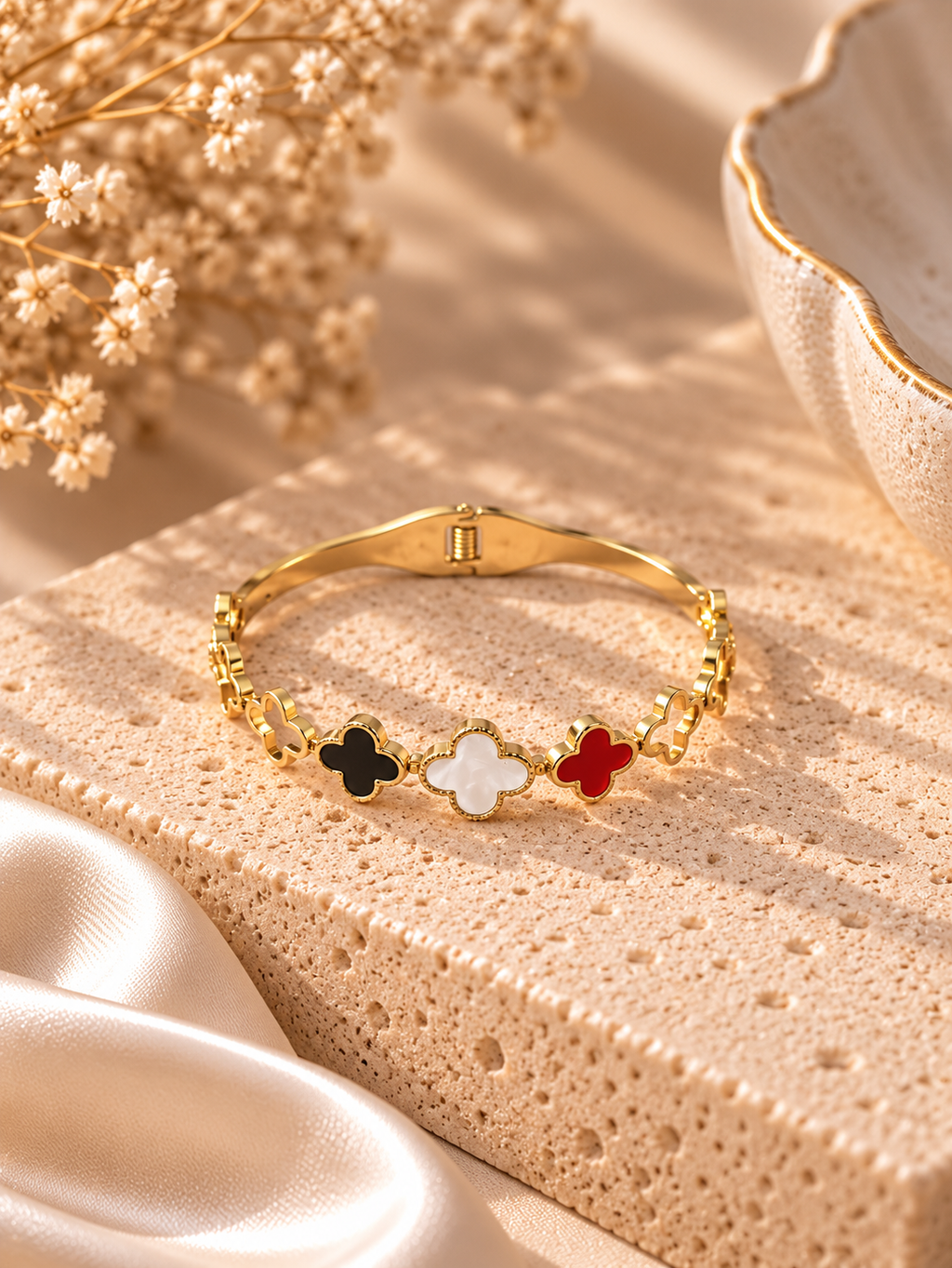Gold Chain Bangle with Enamel Clover Charms
