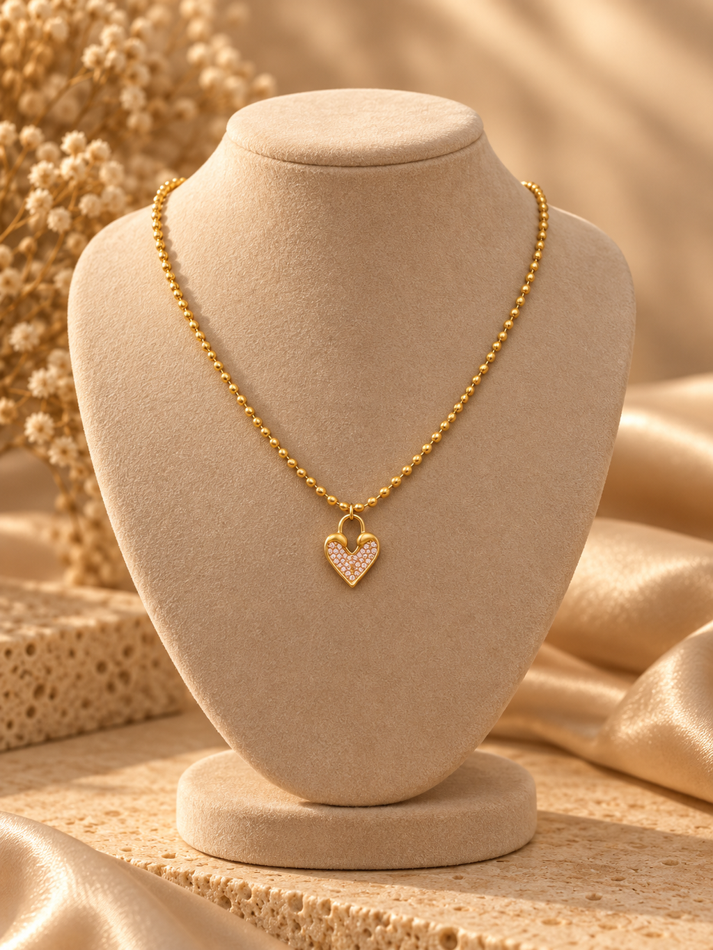 Gold Ball Chain Necklace with Pavé Heart Pendant