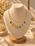 Gold Layered Necklace with Rainbow Gemstone Drops