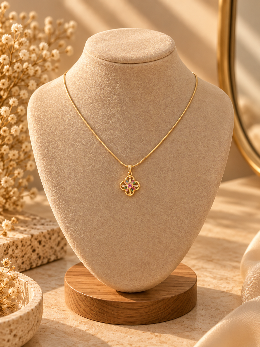 Gold Quatrefoil Pendant Necklace with Pink Gem