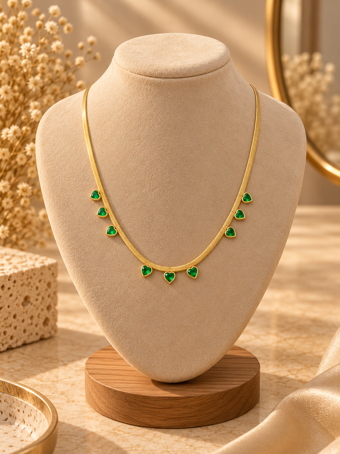 Gold Chain Necklace with Green Teardrop Charms