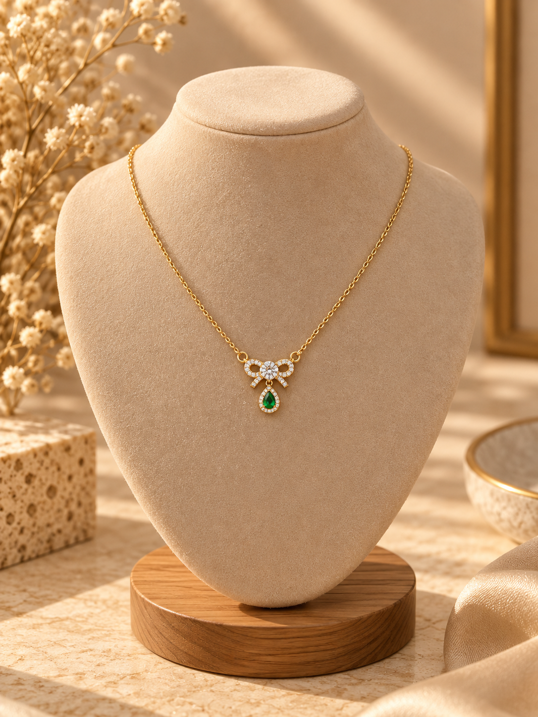Gold Bow Pendant Necklace with Green Teardrop