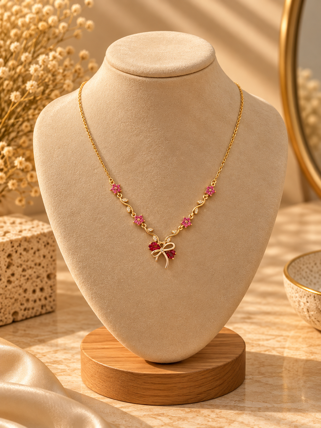 Gold Flower Vine Necklace with Bow Pendant