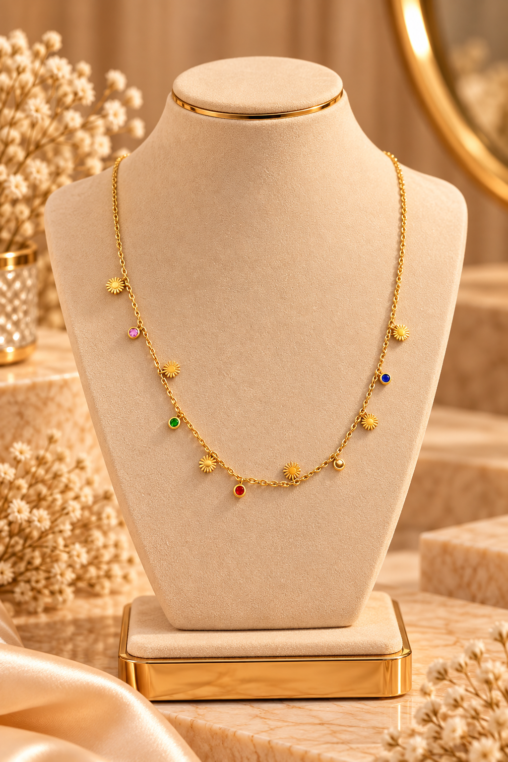 Gold Chain Necklace with Multicolor Gem Drops