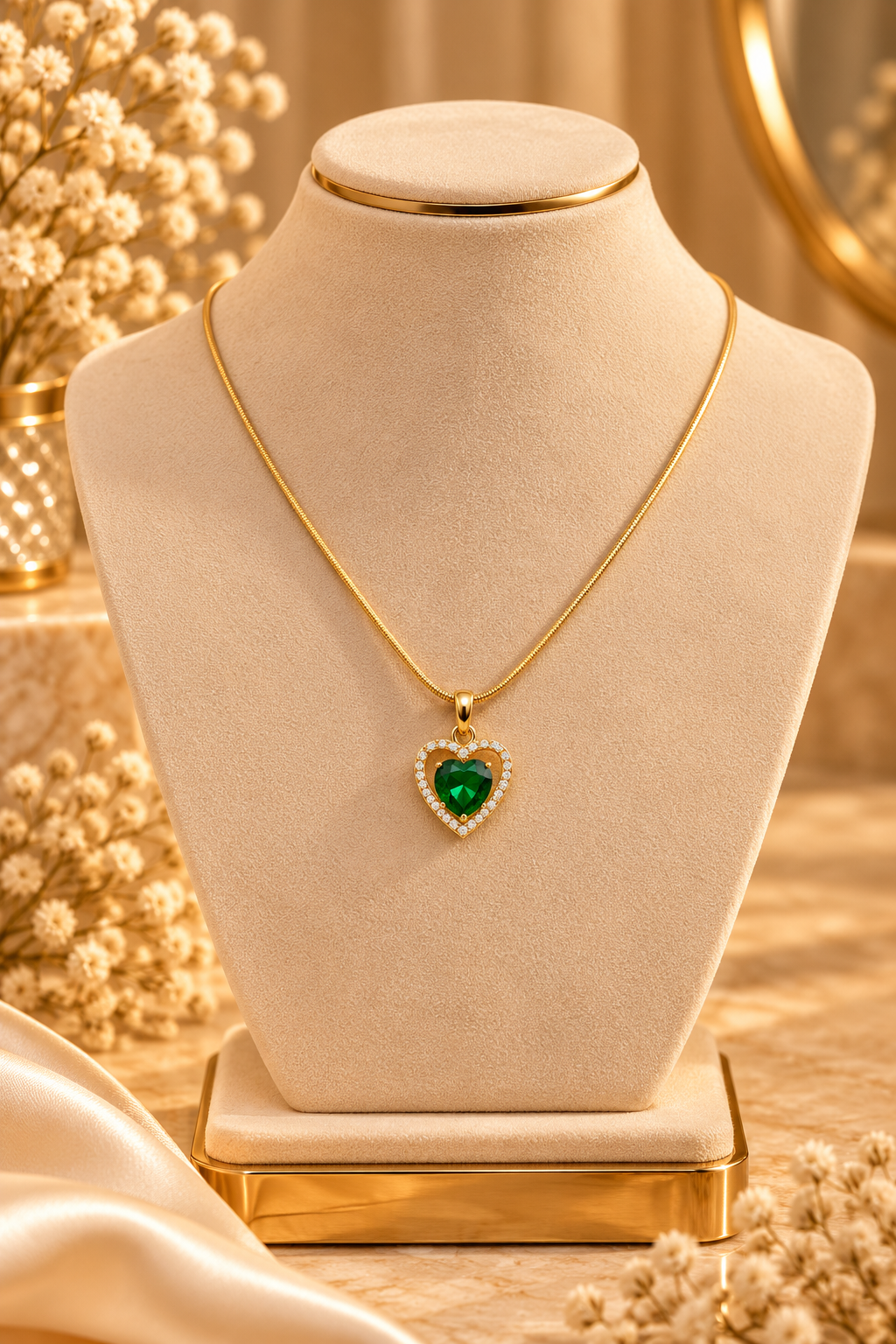 Gold Heart Pendant Necklace with Green Crystal