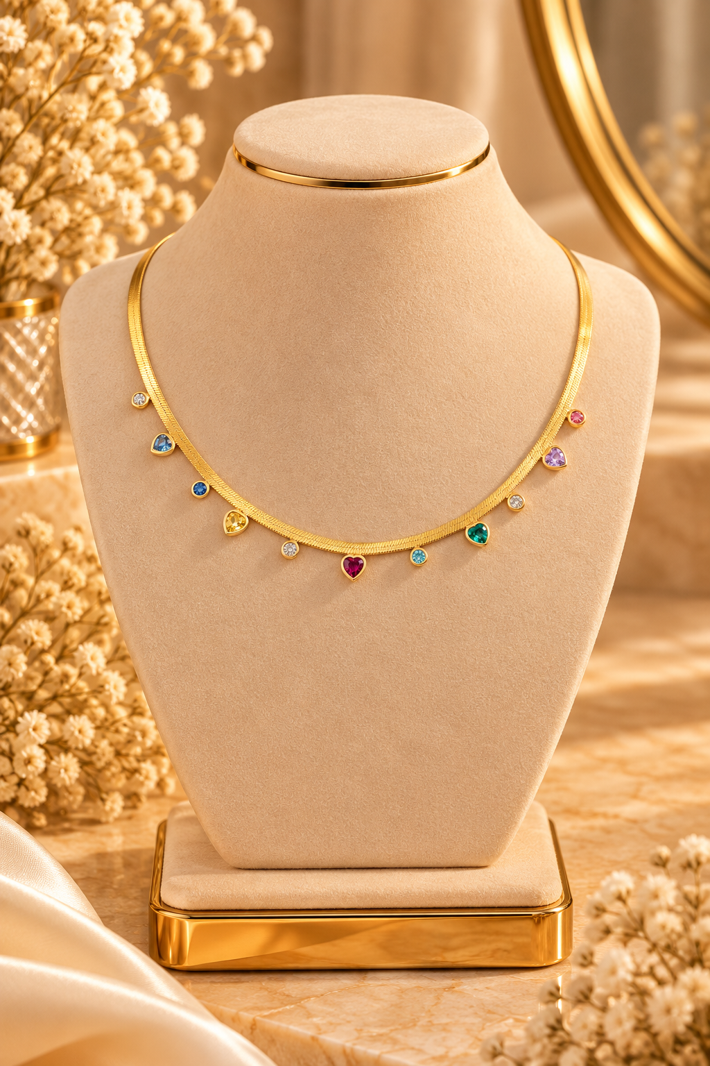 Gold Choker Necklace with Multicolor Teardrop Gems