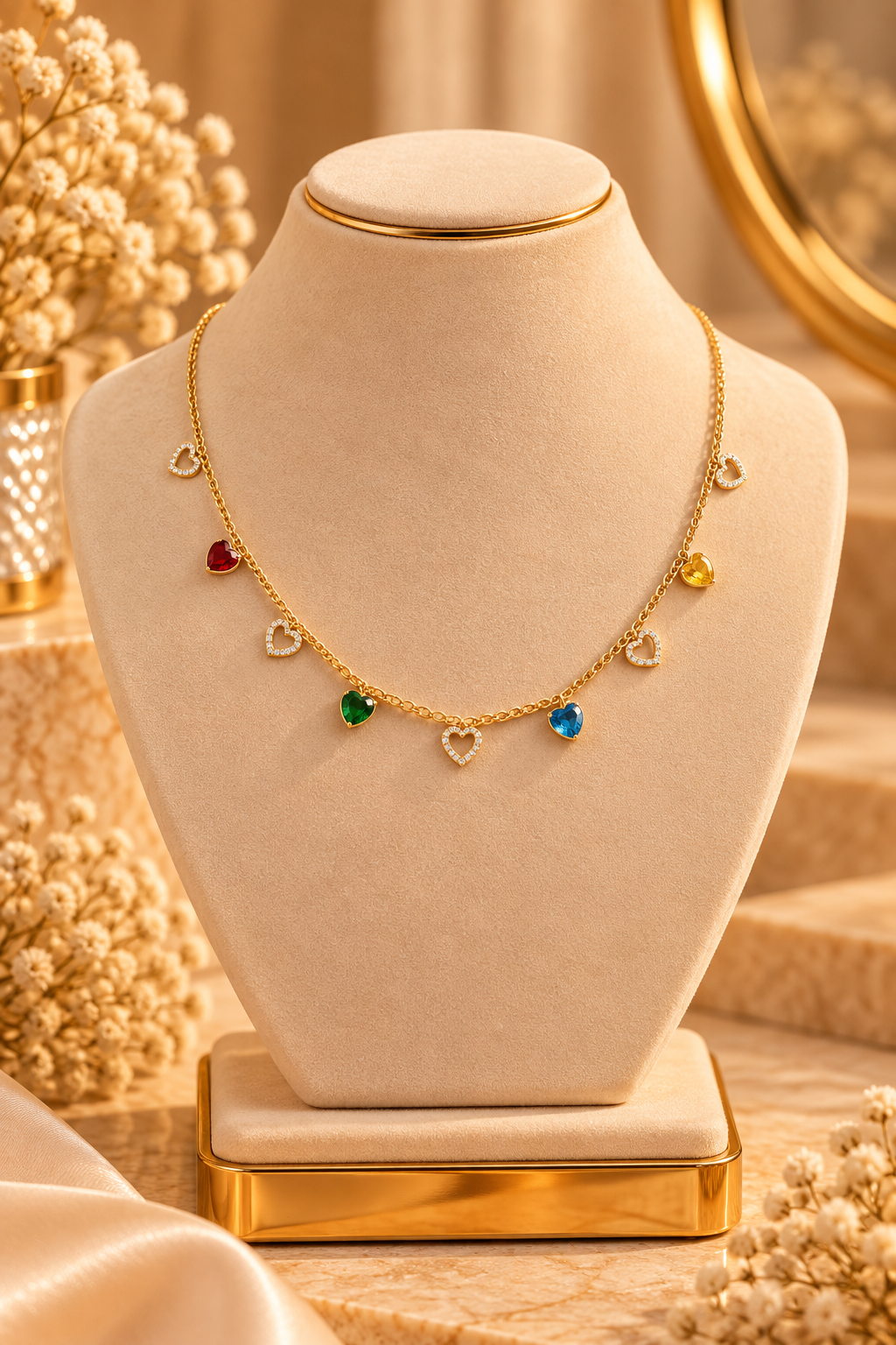 Gold Chain Necklace with Multicolor Heart Charms