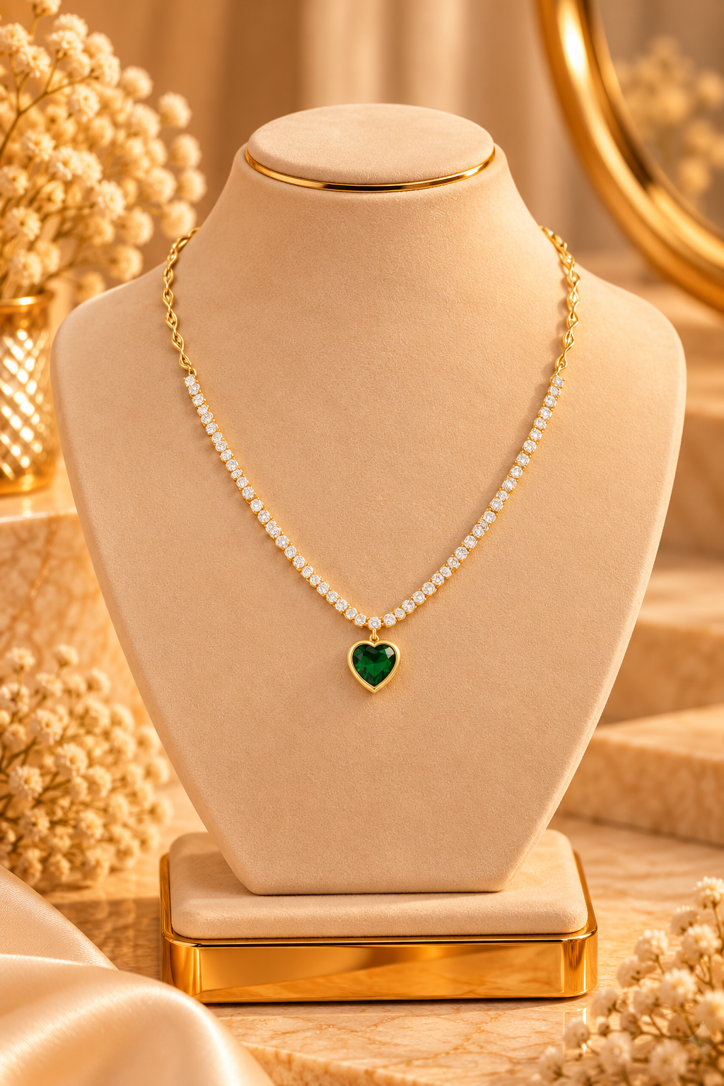 Gold Beaded Necklace with Green Heart Pendant