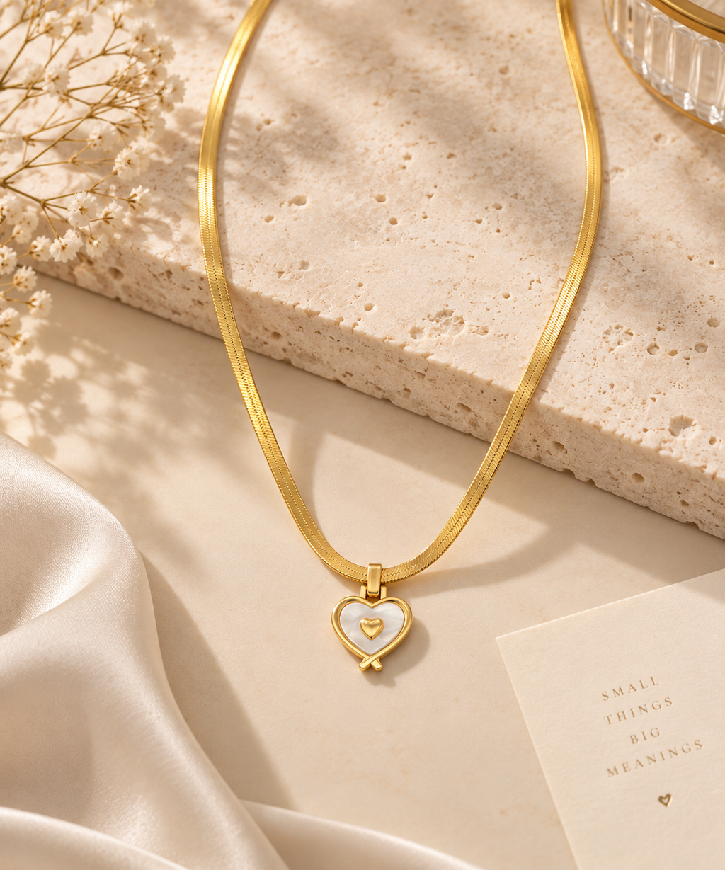 Gold Snake Chain Necklace with Heart Pendant