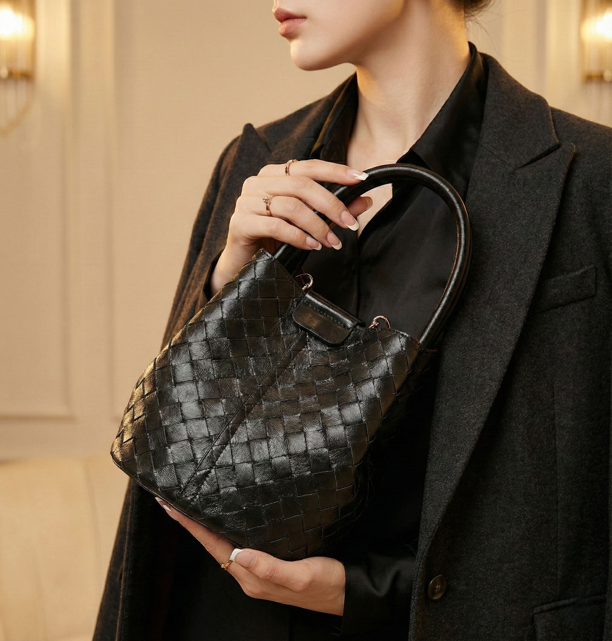 Noir Lattice Bucket Bag