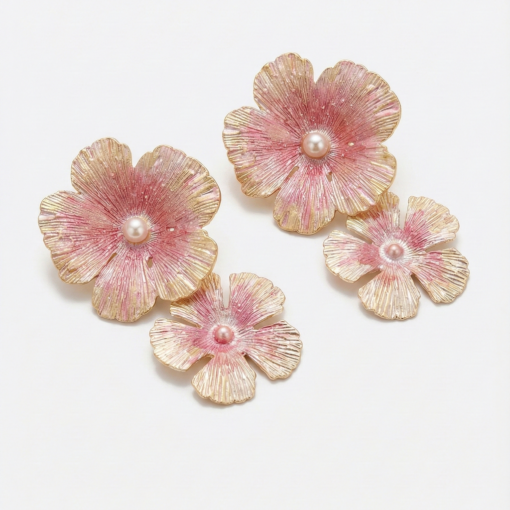 Set of pink and gold flower-shaped earrings on a white background
