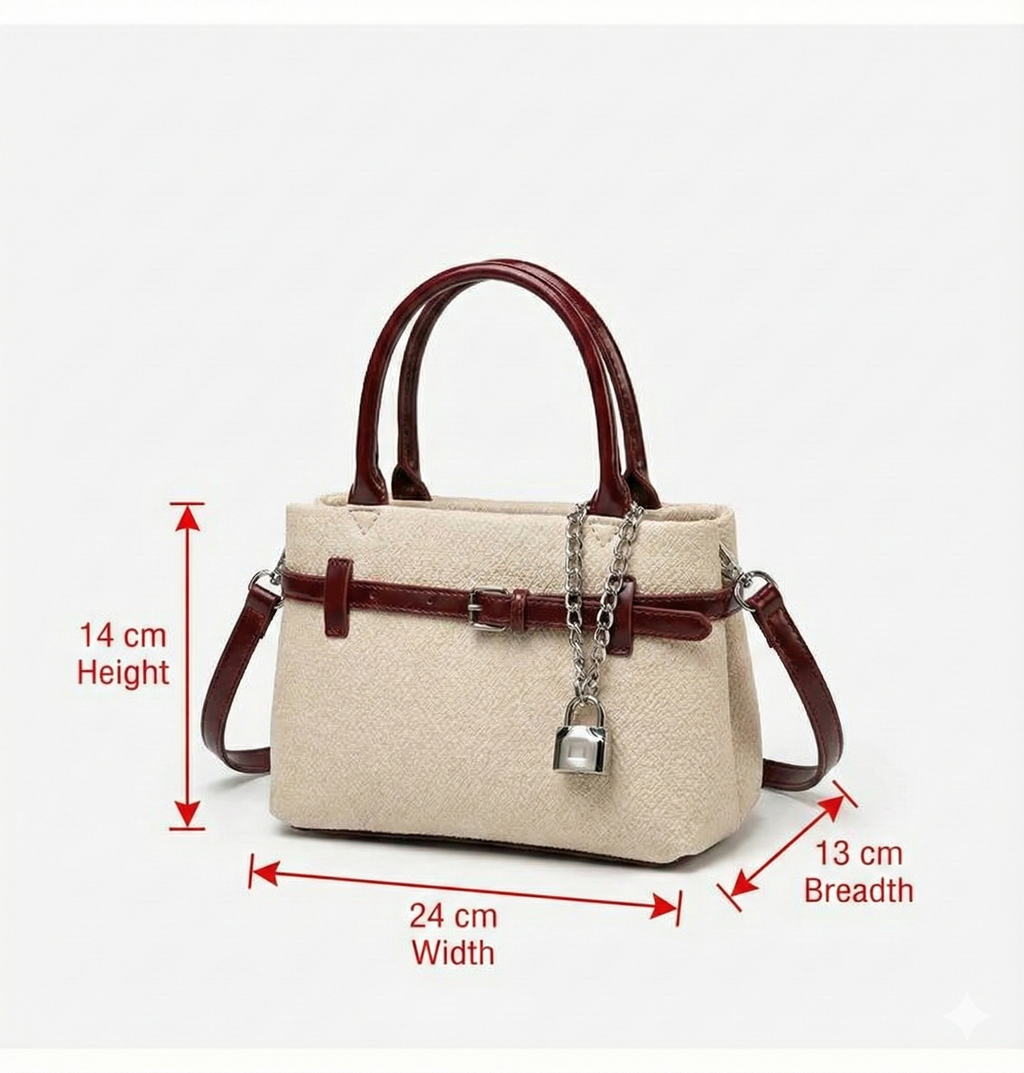 Beige handbag with brown handles and strap, featuring measurements on a white background