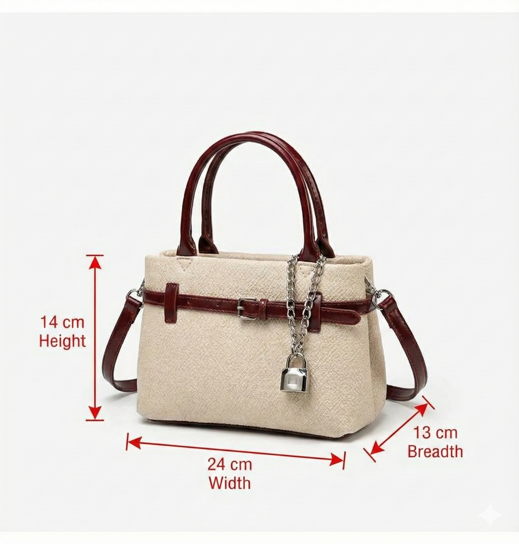 Beige handbag with brown handles and strap, featuring measurements on a white background