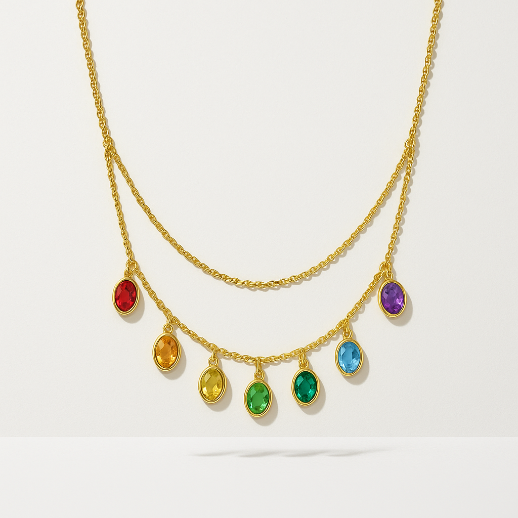 Gold Layered Necklace with Rainbow Gemstone Drops