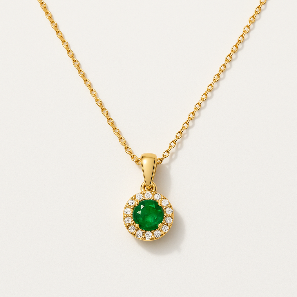 Gold Necklace with Emerald Halo Pendant