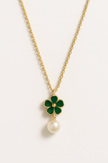 Gold Necklace with Green Flower Charm and Pearl